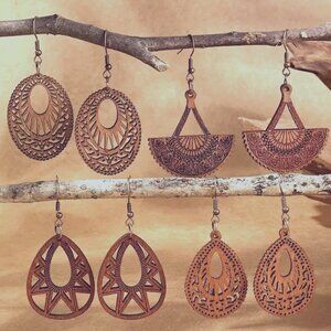 NEW Boho Lot of 4 Brown Wood Wooden Dangle Earrings